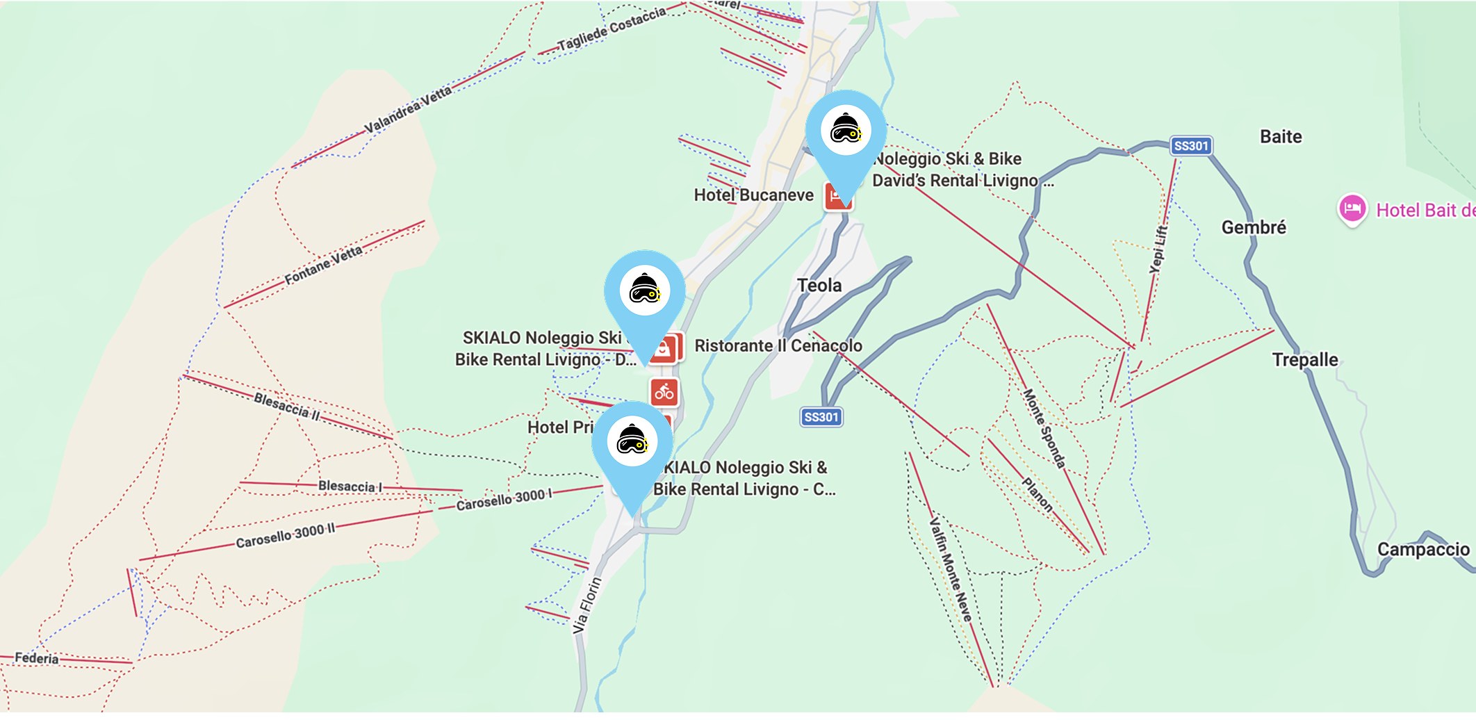 Mappa di Livigno con i tre punti ritiro Skialo